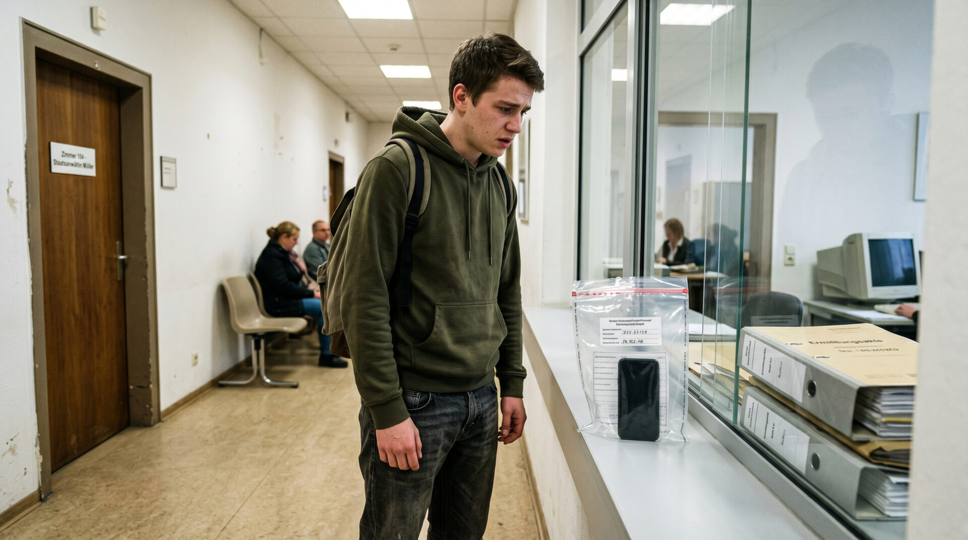 Junger Mann vor einem Behördentresen blickt verzweifelt auf sein Smartphone in einer Beweismitteltüte.