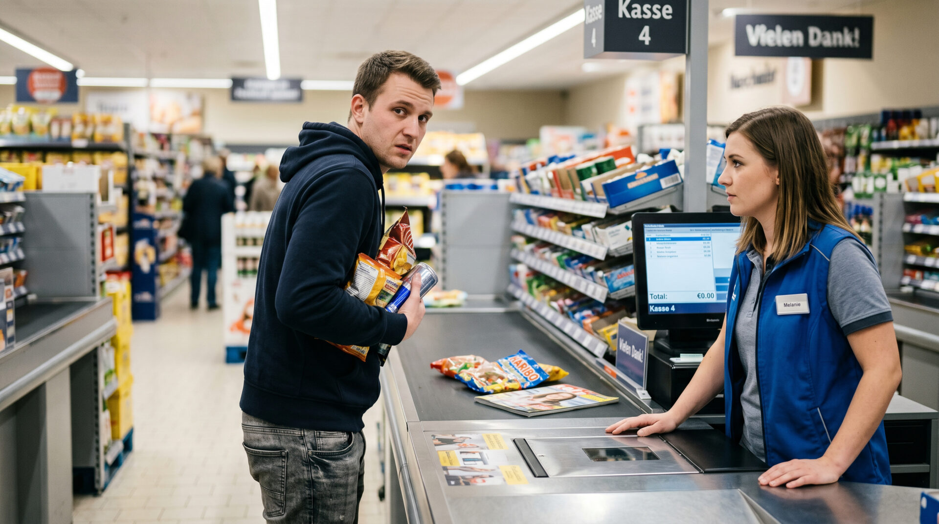 Aggressiver Ladendieb wird an einer deutschen Supermarkt-Kasse von einer Verkäuferin in blauer Weste gestellt.