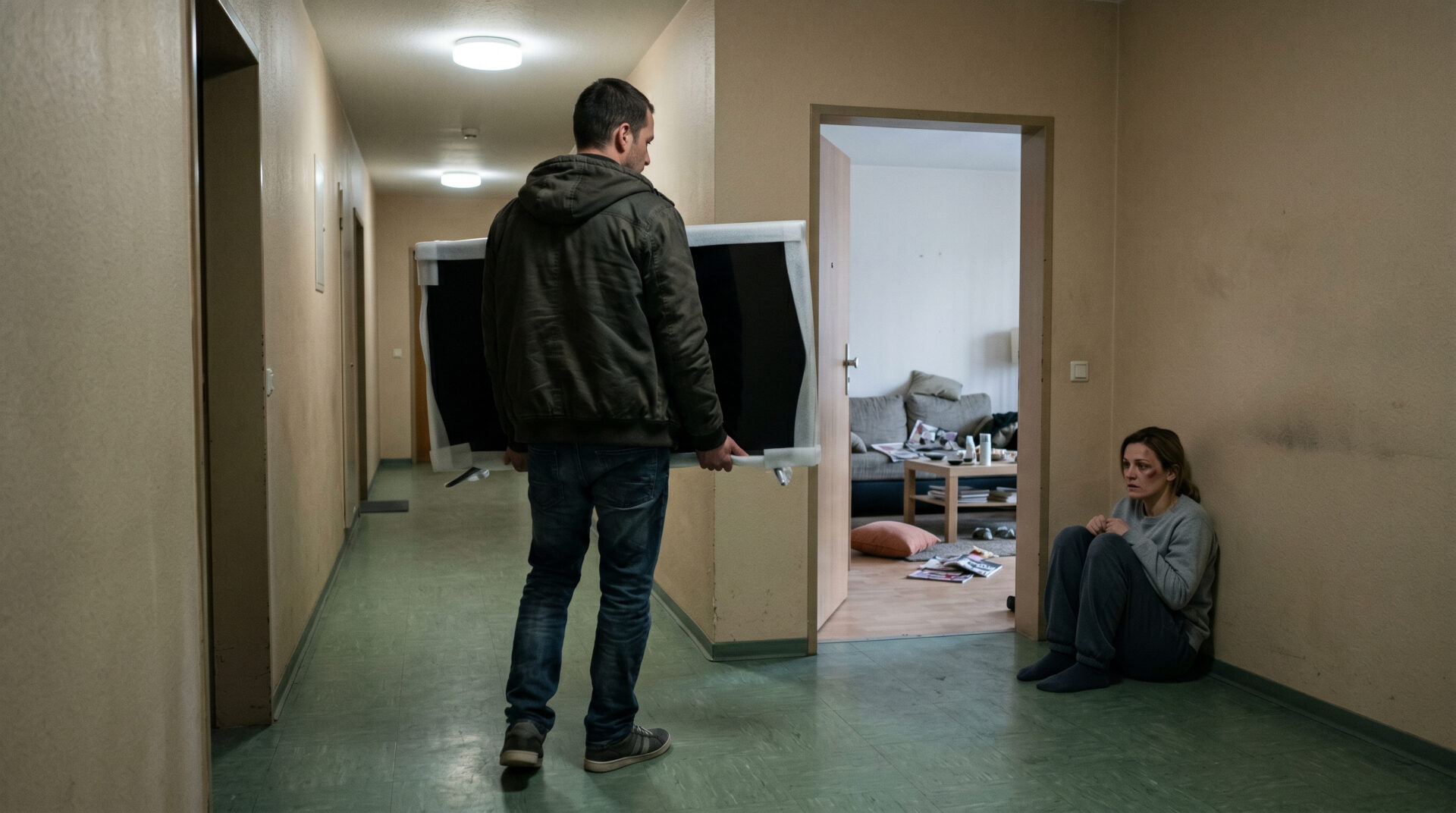 Mann trägt Fernseher aus Wohnung, während eine verletzte Frau verängstigt in der Ecke am Boden kauert.