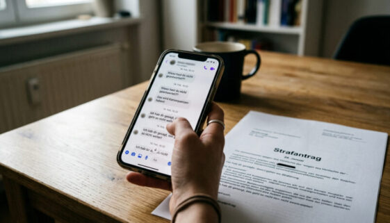 Smartphone mit neuen Chat-Nachrichten neben einem Strafantrag vom 24. Januar auf einem Holztisch.