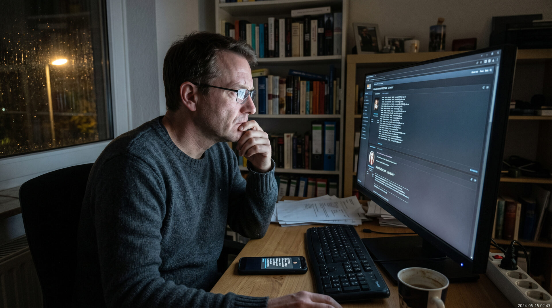 Mann blickt besorgt auf einen Monitor, auf dem persönliche Daten in einer Liste im Darknet zum Verkauf stehen.