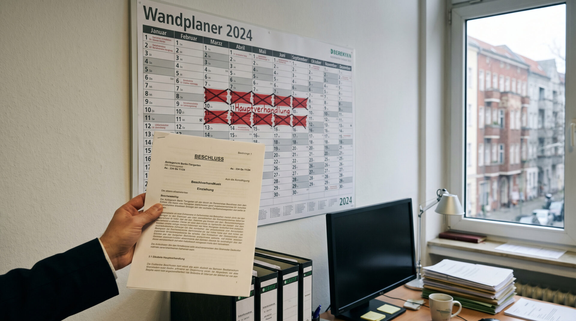 Ein Wandkalender mit rot markierten Verhandlungsterminen wird von einem Gerichtsbeschluss mit dem Titel Einziehung verdeckt.