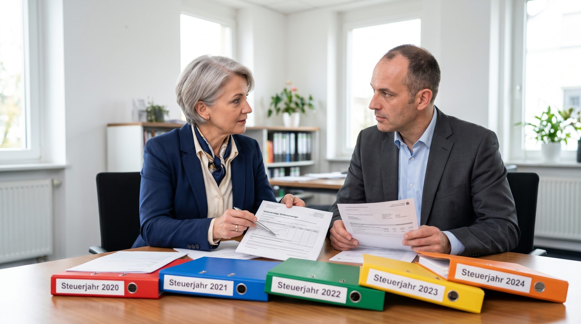 Ein Steuerberater und ein Mandant besprechen konzentriert mehrere geöffnete Aktenordner am Besprechungstisch.