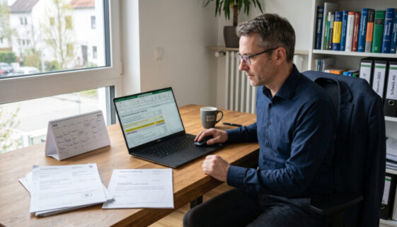 Laptop zeigt hohe Steuerschuld neben Dokumenten einer Schweizer Firma und Steuerbescheiden auf einem Schreibtisch.