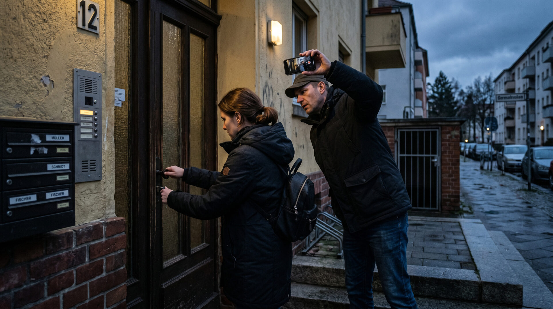 Ein Mann filmt eine verunsicherte Frau aus nächster Nähe an ihrer Haustür in einem dunklen Hauseingang.