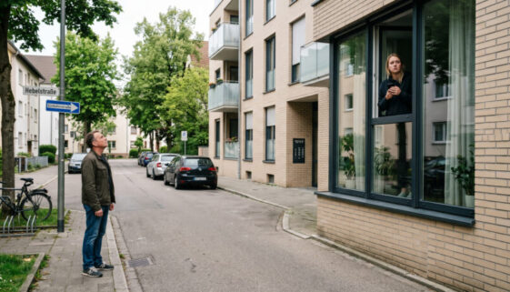 Ein Mann steht beharrlich vor einem Wohnhaus, während eine Person am Fenster besorgt telefoniert.