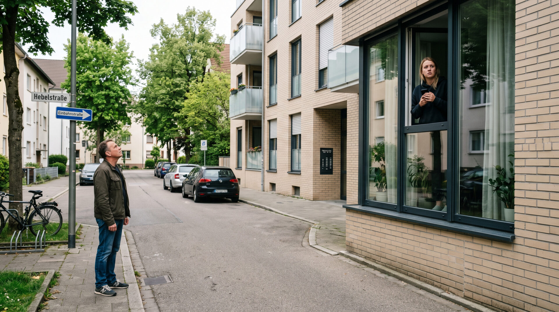 Ein Mann steht beharrlich vor einem Wohnhaus, während eine Person am Fenster besorgt telefoniert.