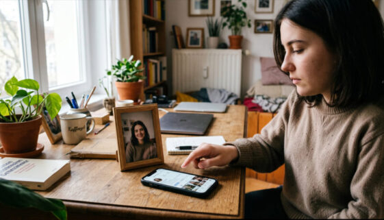 Ein Handy mit einem Fake-Profil neben einem gerahmten Originalfoto auf einem Holztisch.