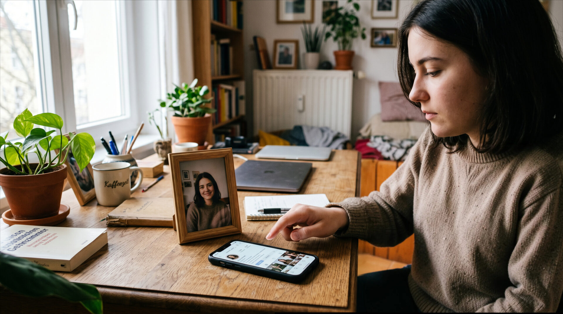 Ein Handy mit einem Fake-Profil neben einem gerahmten Originalfoto auf einem Holztisch.
