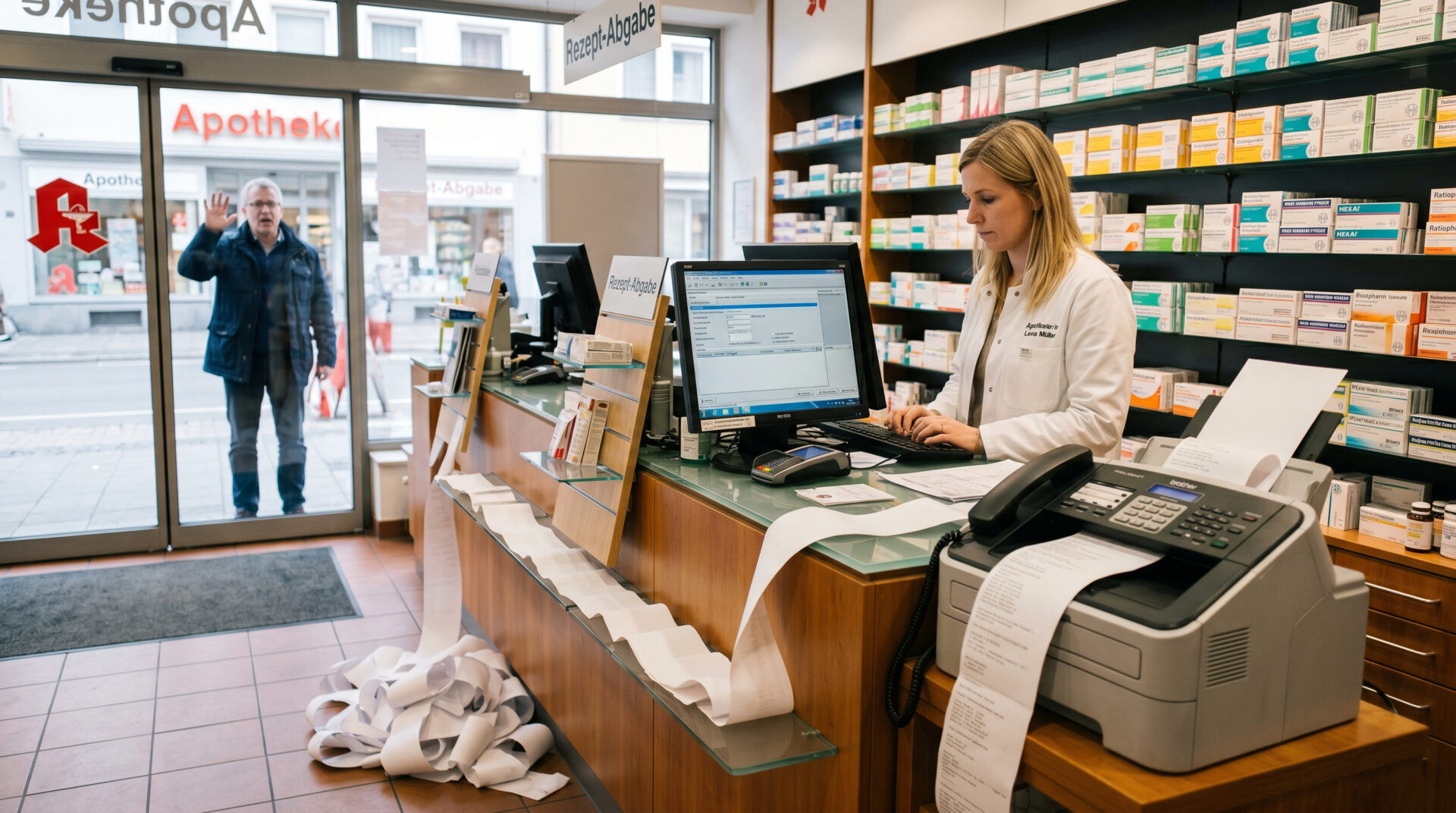 Faxgerät in einer Apotheke mit langem Papierausstoß, im Hintergrund ein gestikulierender Mann vor der Glastür.