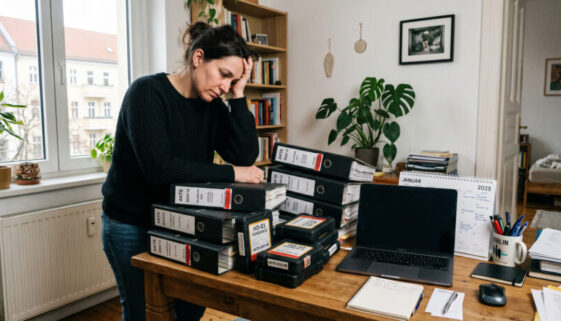 Aktenordner und Festplatten mit Polizeisiegeln auf einem privaten Schreibtisch neben einem Kalender und Laptop.