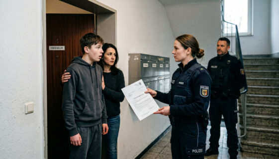 Polizei steht mit Durchsuchungsbeschluss vor einem Jugendlichen und seinem Vater an einer Wohnungstür.