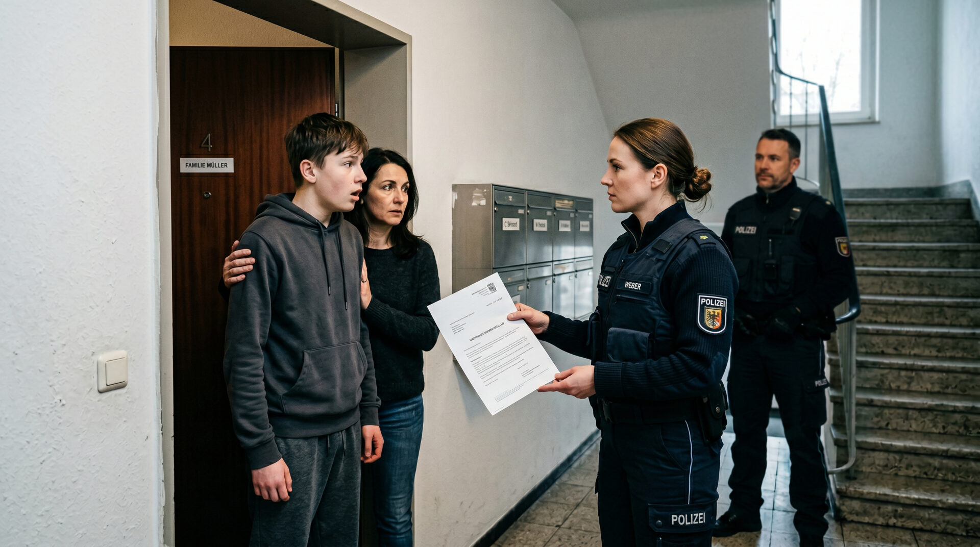 Polizei steht mit Durchsuchungsbeschluss vor einem Jugendlichen und seinem Vater an einer Wohnungstür.