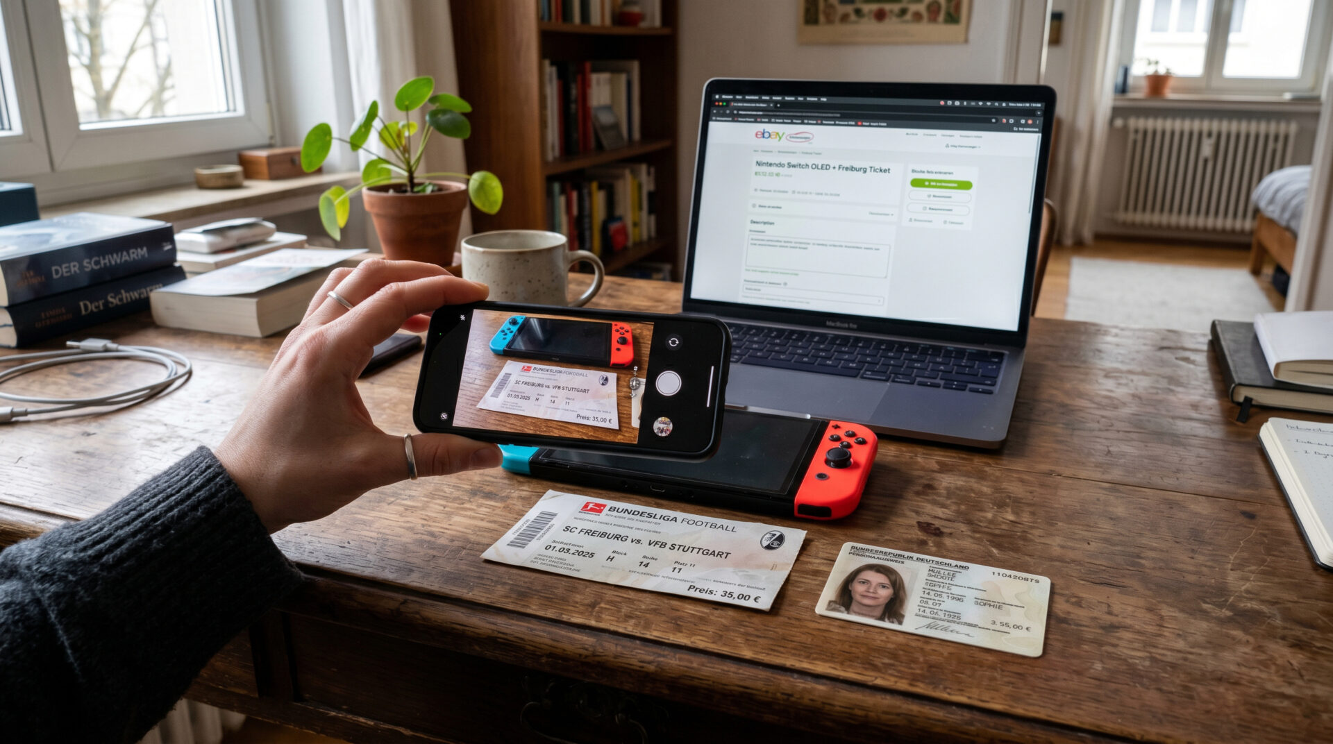 Smartphone fotografiert Spielkonsole und Ticket auf einem Tisch neben einem deutschen Personalausweis.