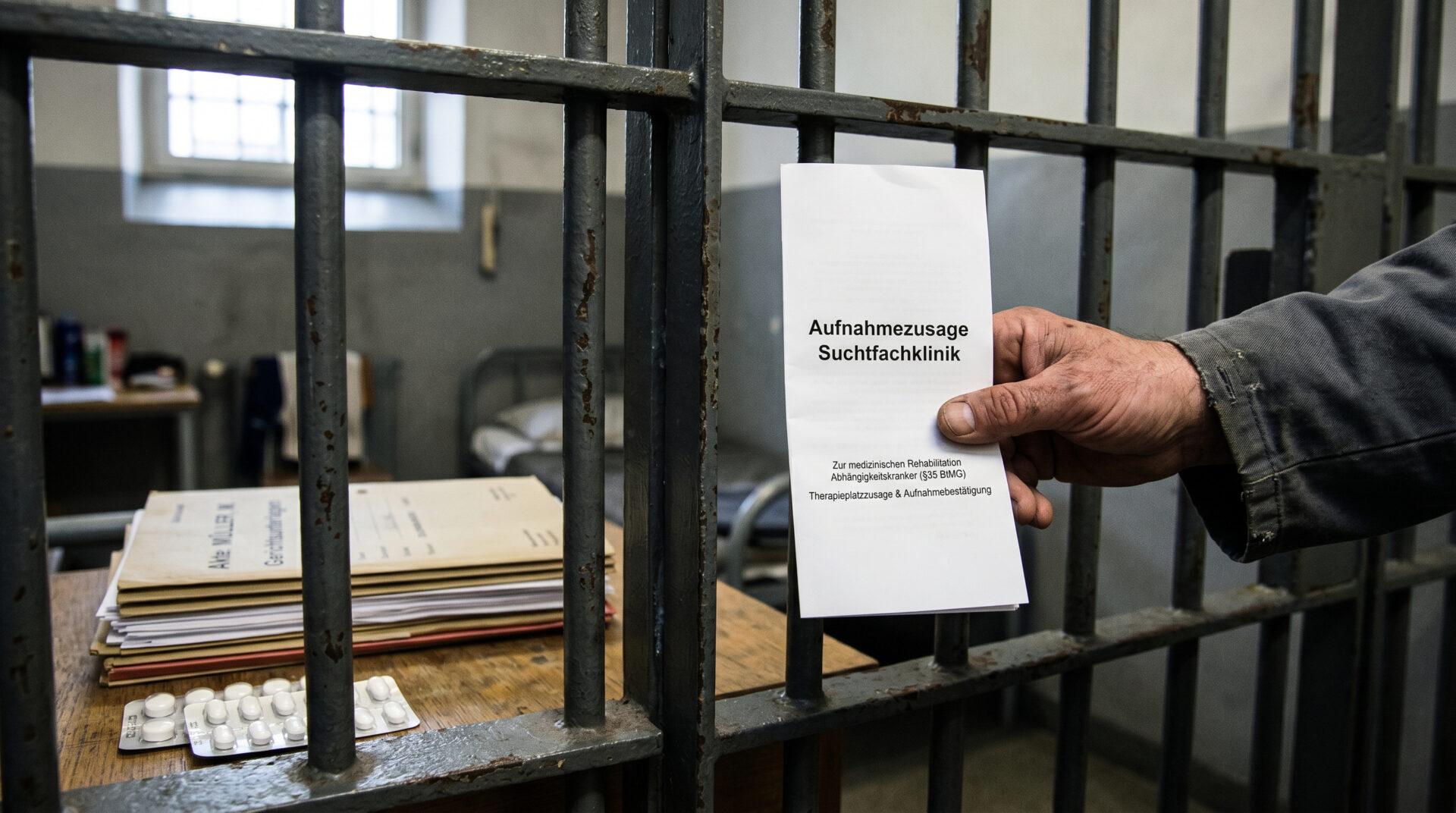 Hand eines Inhaftierten hält Klinik-Broschüre hinter Gefängnisgittern neben Gerichtsdokumenten.