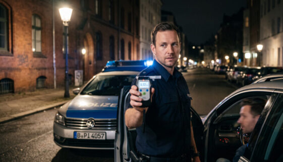 Uniformierter Beamter misst bei nächtlicher Polizeikontrolle den Atemalkoholwert eines angespannt stehenden Fahrers neben dessen geöffnetem Pkw.