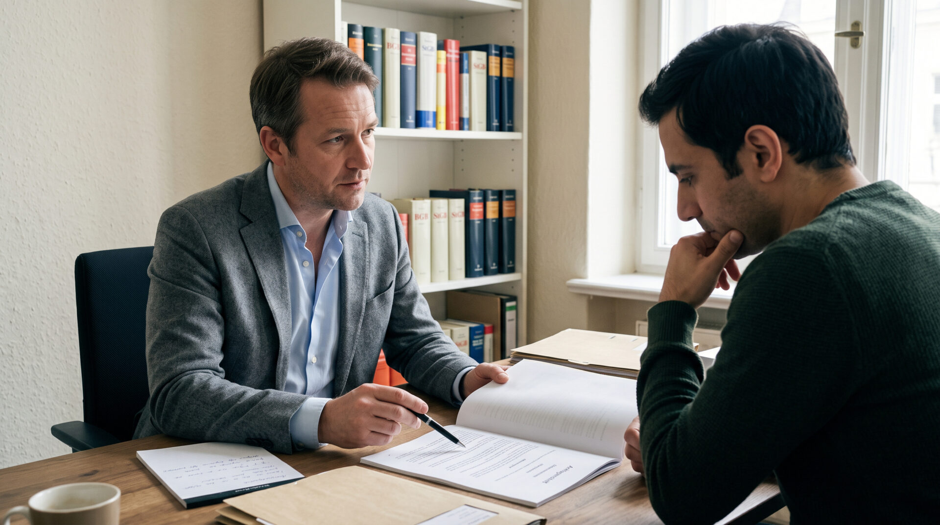 Strafverteidiger und Mandant besprechen die geöffnete Anklageschrift am Schreibtisch.