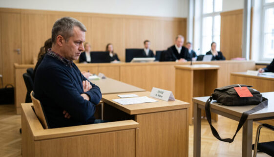 Ein Zeuge mit verschränkten Armen sitzt schweigend im Zeugenstand eines sachlichen deutschen Gerichtssaals.