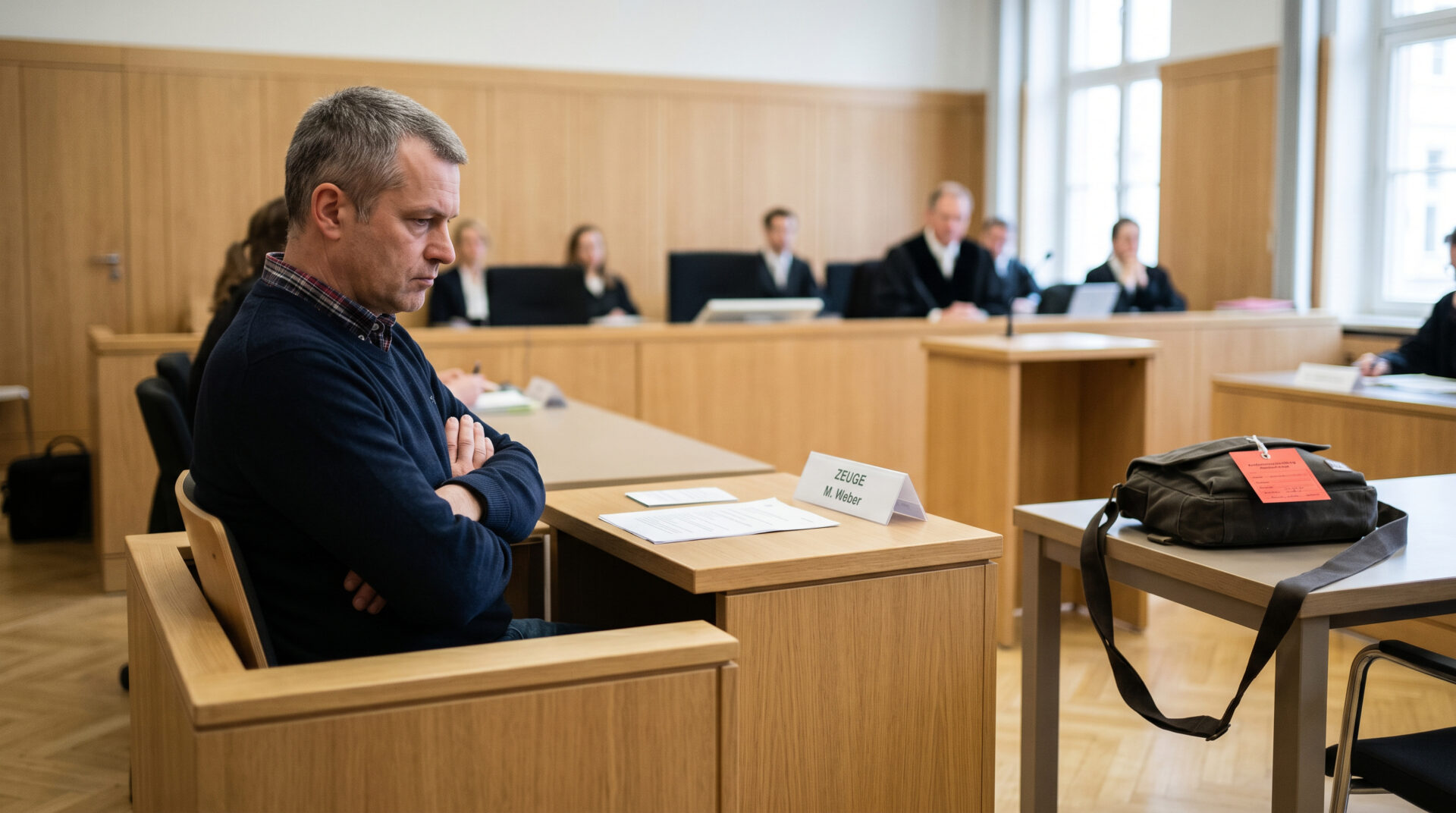 Ein Zeuge mit verschränkten Armen sitzt schweigend im Zeugenstand eines sachlichen deutschen Gerichtssaals.