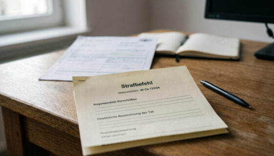 Ein Strafbefehl mit leer markierten Zeilen für Rechtsvorschriften auf hellem Schreibtisch, daneben ein Kugelschreiber.
