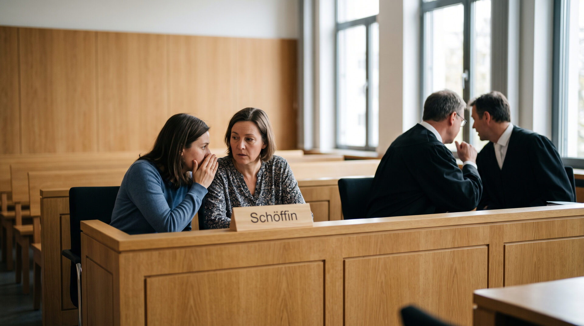 Schöffin mit Namensschild am Richtertisch blickt fragend zu Dolmetscherin, während Berufsrichter sich abwenden.