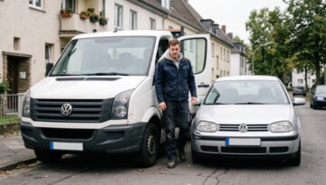 Weißer Lkw und silberner Pkw nach einer Kollision am Straßenrand; ein junger Mann steigt besorgt aus dem Führerhaus.