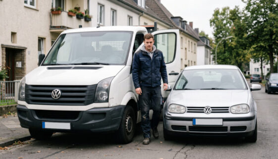 Weißer Lkw und silberner Pkw nach einer Kollision am Straßenrand; ein junger Mann steigt besorgt aus dem Führerhaus.
