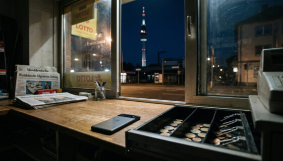 Smartphone auf Tresen neben leerer Kasse in einem Kiosk bei Nacht, ein beleuchteter Funkmast ist im Hintergrund sichtbar.