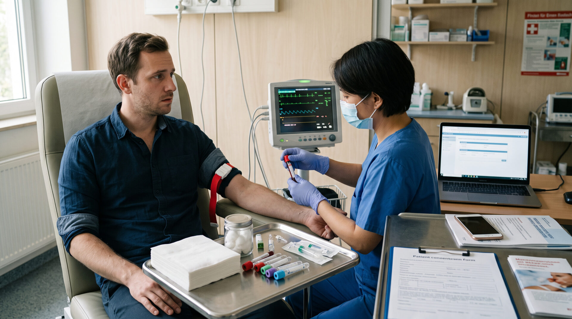 Arzt führt eine Blutentnahme bei einem angespannten Patienten in einem hellen Untersuchungsraum durch.