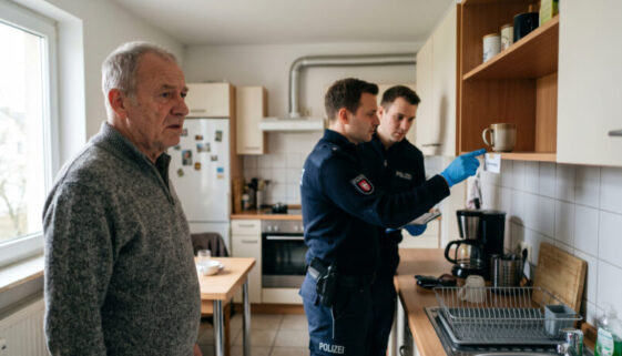 Ein älterer Mann beobachtet irritiert zwei Polizisten, die in einer WG-Küche sein persönliches Regal durchsuchen.