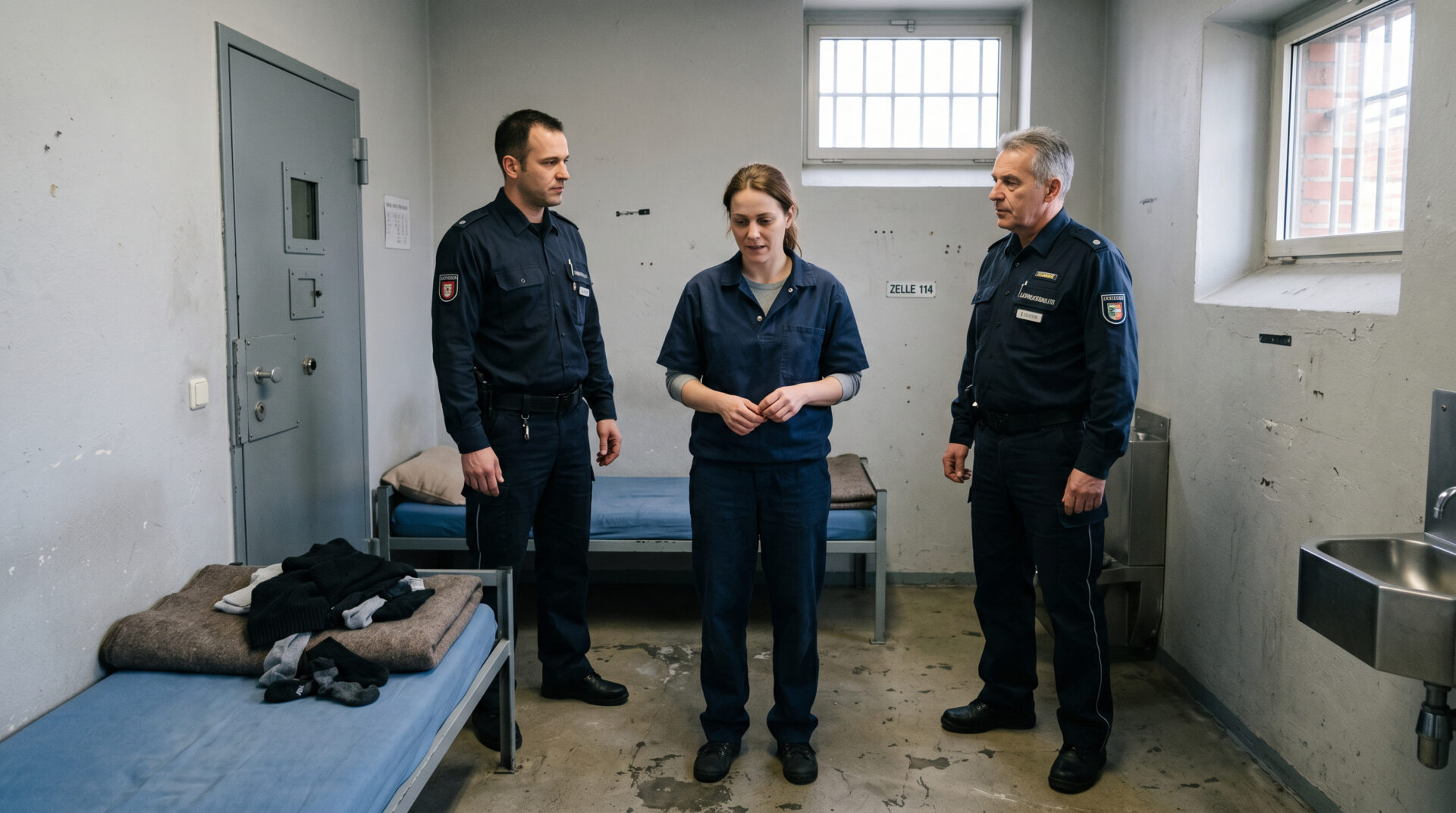 Eine Frau in einer kargen Gefängniszelle wird von zwei uniformierten Justizbeamten bei einer Durchsuchung beaufsichtigt.