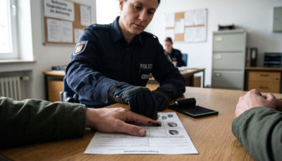 Nahaufnahme: Die Hand eines Mannes wird zur Abnahme von Fingerabdrücken auf eine Karteikarte bei der Polizei gepresst.