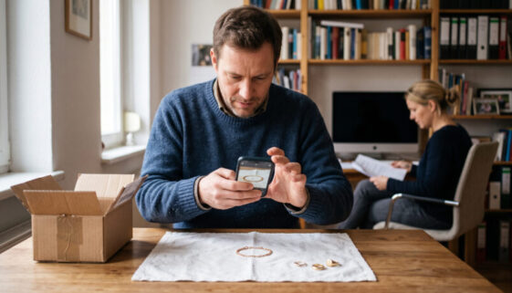 Mann fotografiert Schmuck am Arbeitstisch für den Versand, sachliche Dokumentation von Wertgegenständen.