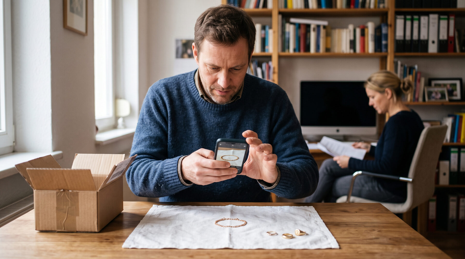 Mann fotografiert Schmuck am Arbeitstisch für den Versand, sachliche Dokumentation von Wertgegenständen.