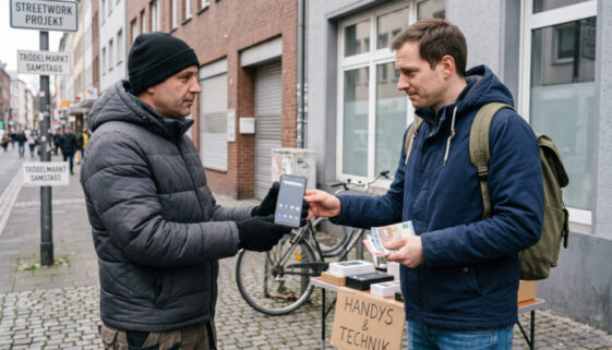 Zwei Männer bei einer informellen Übergabe eines Smartphones gegen Bargeld auf einem deutschen Bürgersteig.