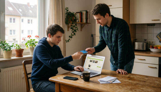 Junger Mann am Laptop reicht seinem Bruder eine Bankkarte am Küchentisch in einer hellen Wohnung.