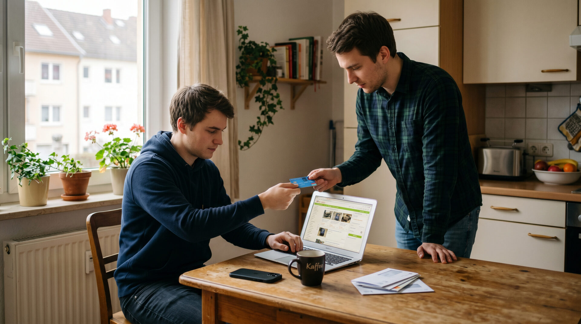 Junger Mann am Laptop reicht seinem Bruder eine Bankkarte am Küchentisch in einer hellen Wohnung.