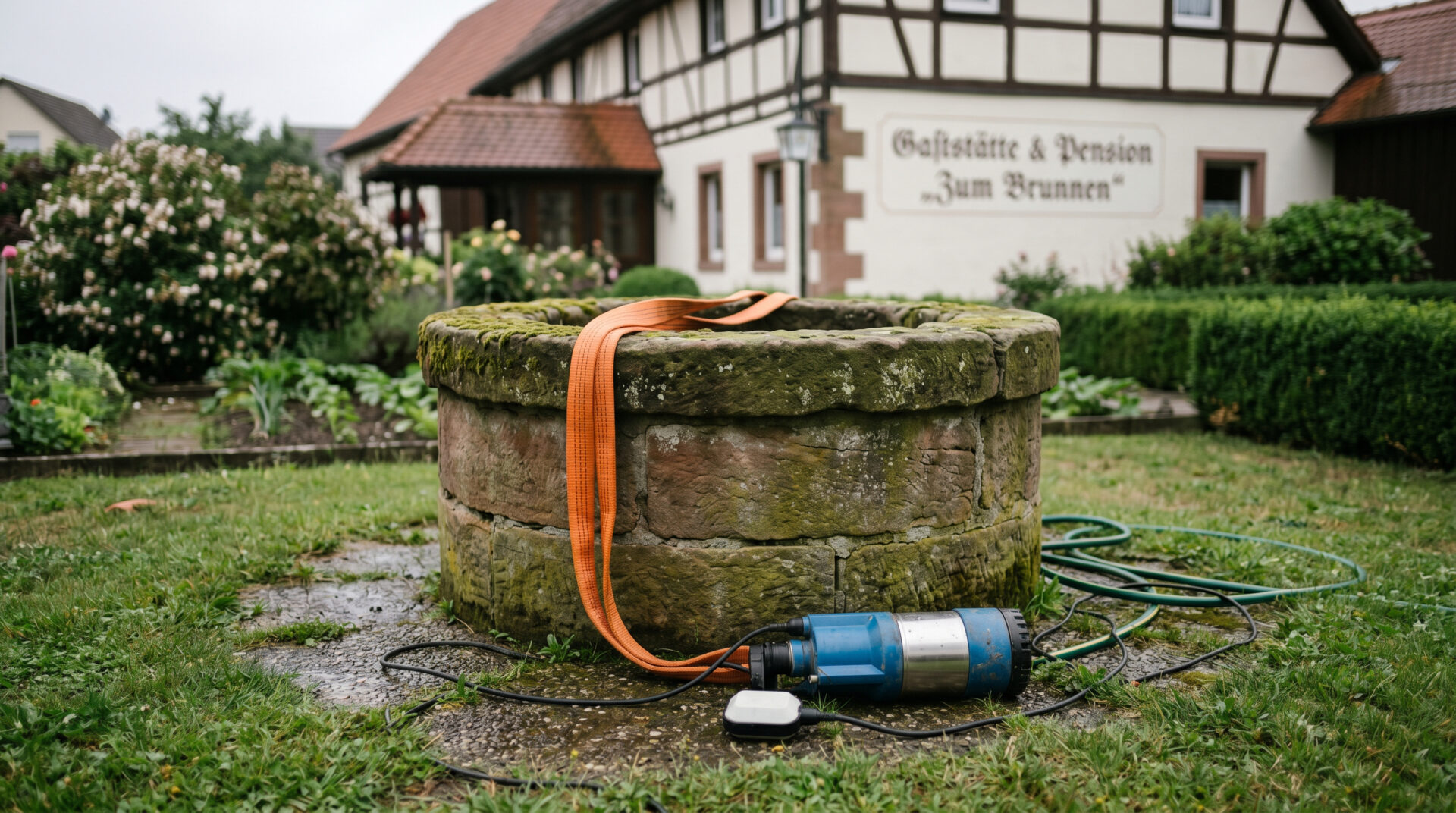 Ein alter Steinbrunnen im Garten mit einem Hebegurt am Rand und einer Wasserpumpe auf dem Gras unter Tageslicht.