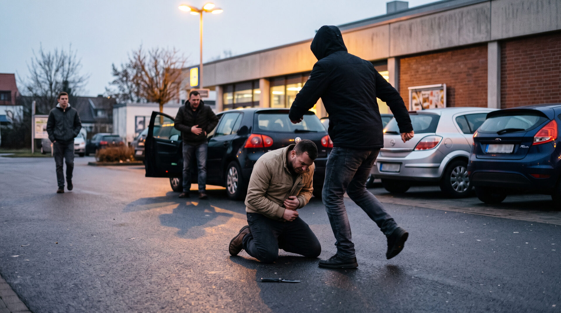 Doku-Foto: Nachts auf Parkplatz tritt Mann am Boden Sitrender, zweiter Verletzter im Hintergrund, Messer auf Asphalt.