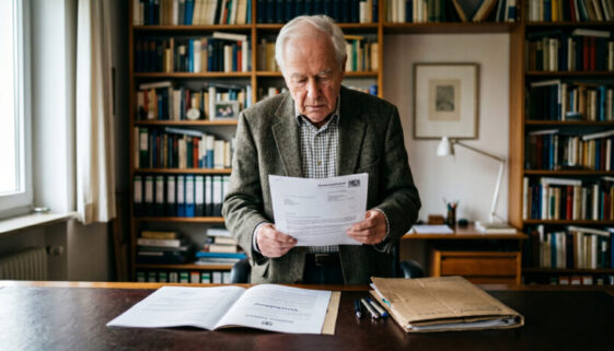 Ein Testamentsvollstrecker hält ein Pfändungsschreiben über ein Testament mit dem Wort Verschuldung.