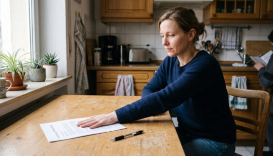 Eine Frau schiebt ein behördliches Dokument mit der Aufschrift 'Bestellung zum Pflichtverteidiger' am Tisch von sich weg.