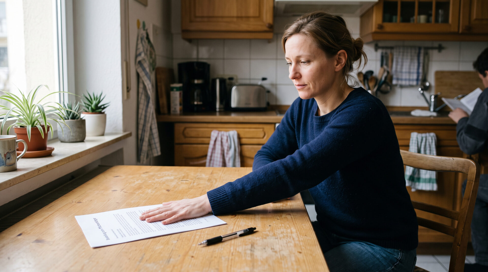 Eine Frau schiebt ein behördliches Dokument mit der Aufschrift 'Bestellung zum Pflichtverteidiger' am Tisch von sich weg.
