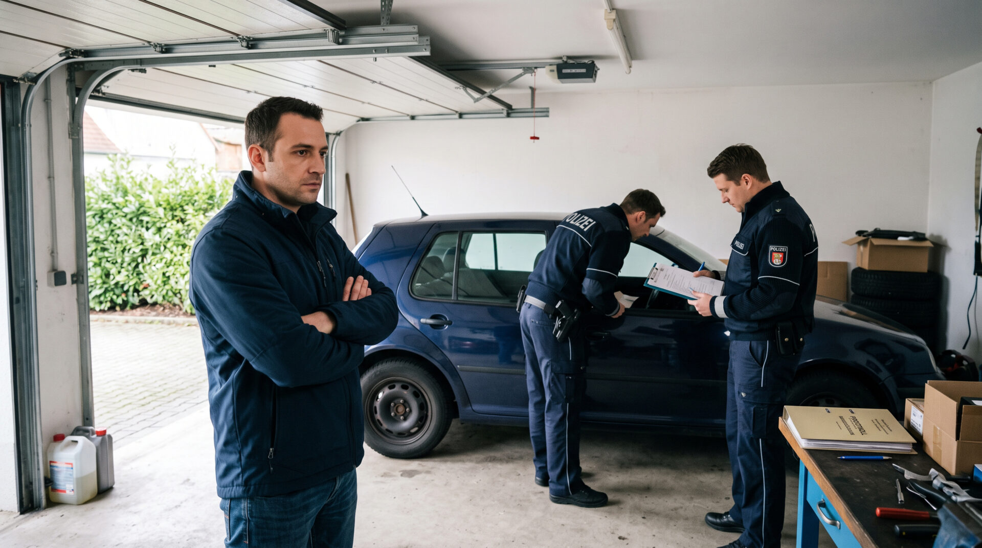Polizei durchsucht ein Fahrzeug in einer Garage, beobachtet von einem Mann mit verschränkten Armen.