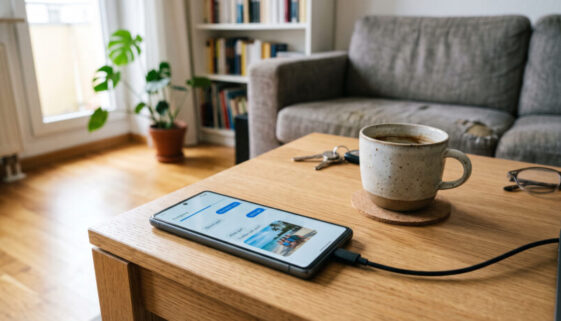 Ein Smartphone auf einem Holztisch zeigt einen Ladebalken für Datenextraktion neben privaten Chat-Nachrichten.