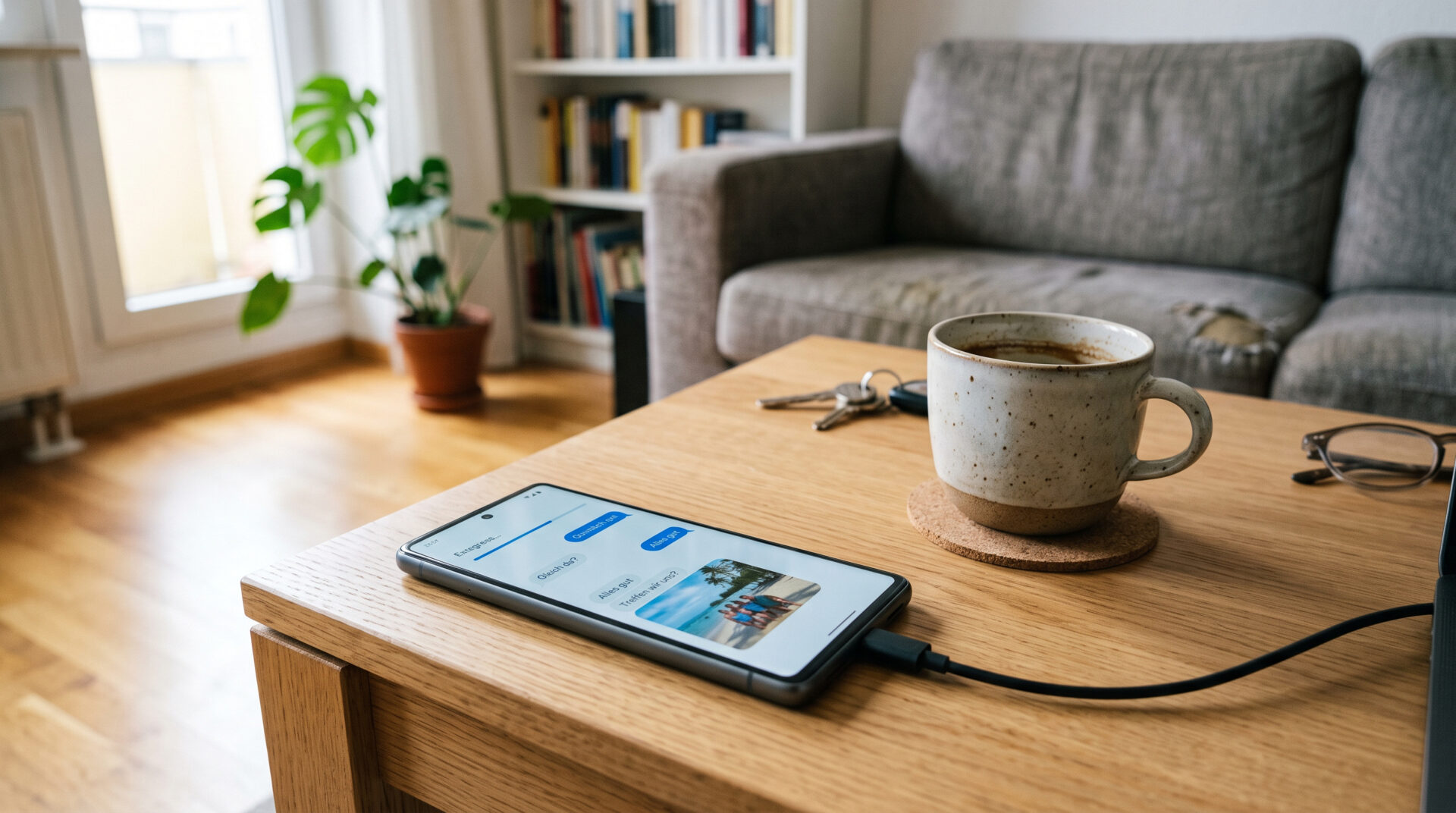 Ein Smartphone auf einem Holztisch zeigt einen Ladebalken für Datenextraktion neben privaten Chat-Nachrichten.