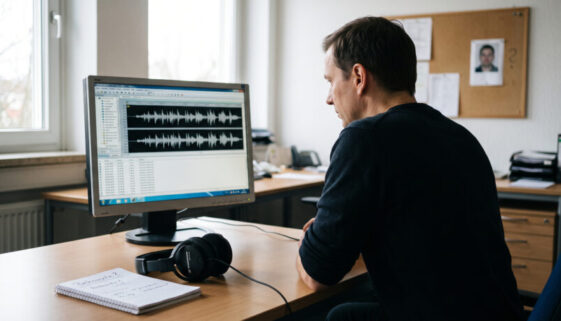 Nahaufnahme eines Monitors mit einer Audio-Wellenform und Telefonverbindungsdaten in einem deutschen Büro.