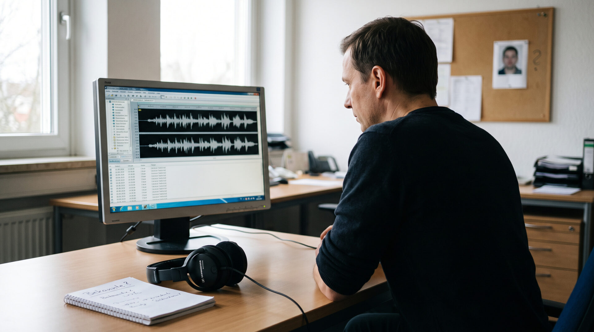Nahaufnahme eines Monitors mit einer Audio-Wellenform und Telefonverbindungsdaten in einem deutschen Büro.