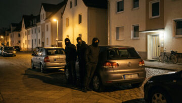 Dunkel gekleidete Personen beobachten maskiert einen Hauseingang in einer nächtlichen deutschen Wohnstraße.
