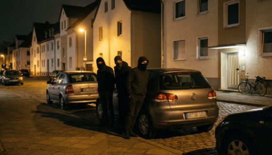 Dunkel gekleidete Personen beobachten maskiert einen Hauseingang in einer nächtlichen deutschen Wohnstraße.