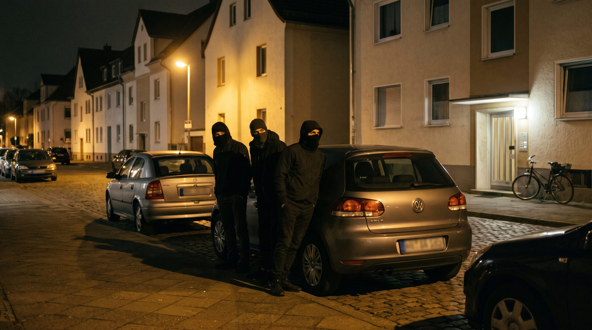 Dunkel gekleidete Personen beobachten maskiert einen Hauseingang in einer nächtlichen deutschen Wohnstraße.